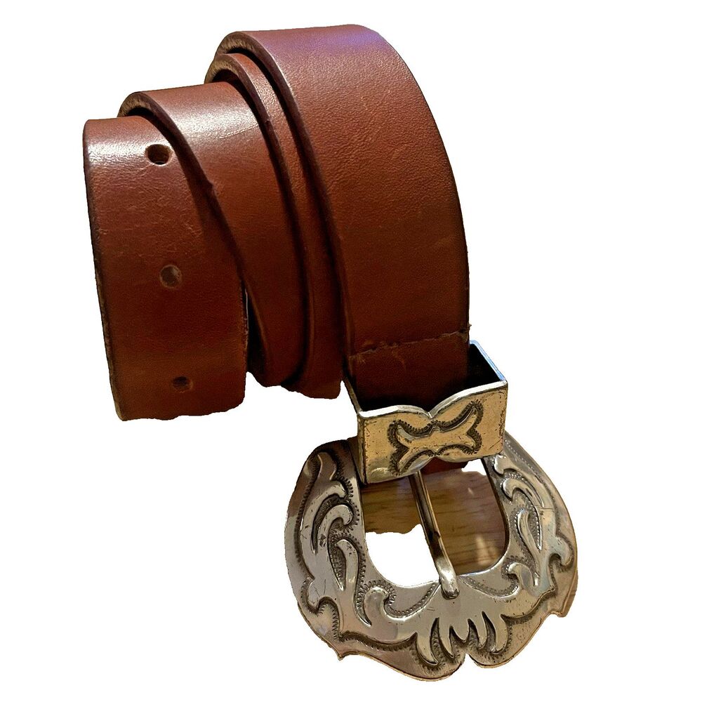 Unlisted Brown Leather Belt with Ornate Silver-Tone Buckle